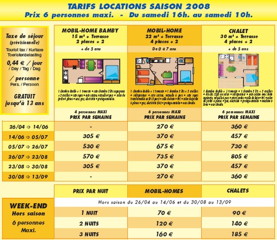 tarifs 2008 camping mediterranee valras